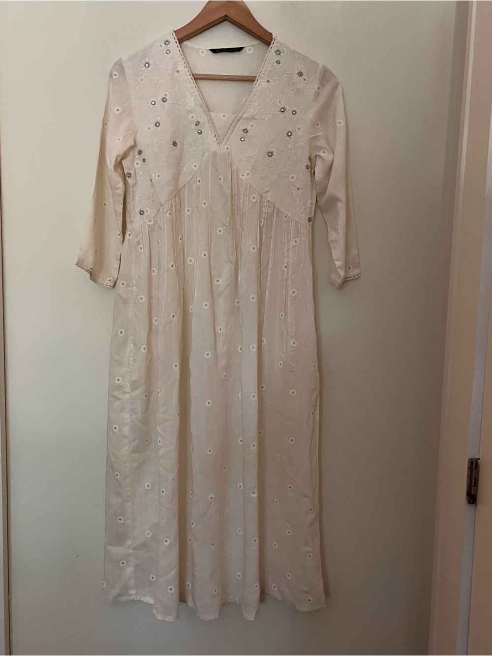 Melange Hand Embroidered Mirror-Work Ivory Floral Midi Dress S/M